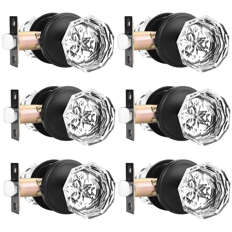 Orger 6 Pack Passage Crystal Door Knobs  Keyless Non-Locking Interior Door Handles for Hallway and Closet  Heavy Duty Glass Knob with Flat Black Zinc Alloy Rosette - Image 1